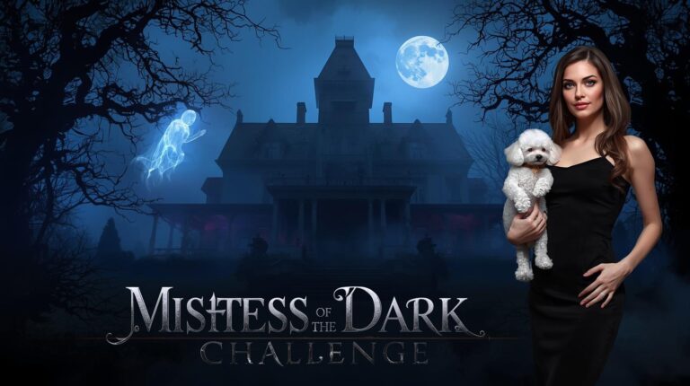 Mistress of the Dark Challenges -(BitLife mod apk) 10 Woman with poodle in front of haunted mansion — Mistress of the Dark Challenge BitLife mod apk