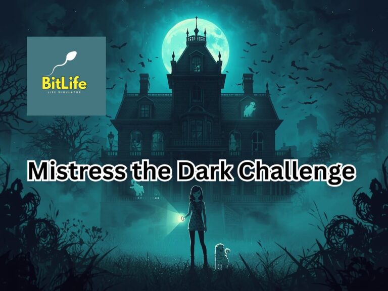 Mistress the Dark Challenge In BitLife MOD APK 8 A woman with a poodle stands before a haunted mansion at night, surrounded by mist and glowing ghosts under a full moon.