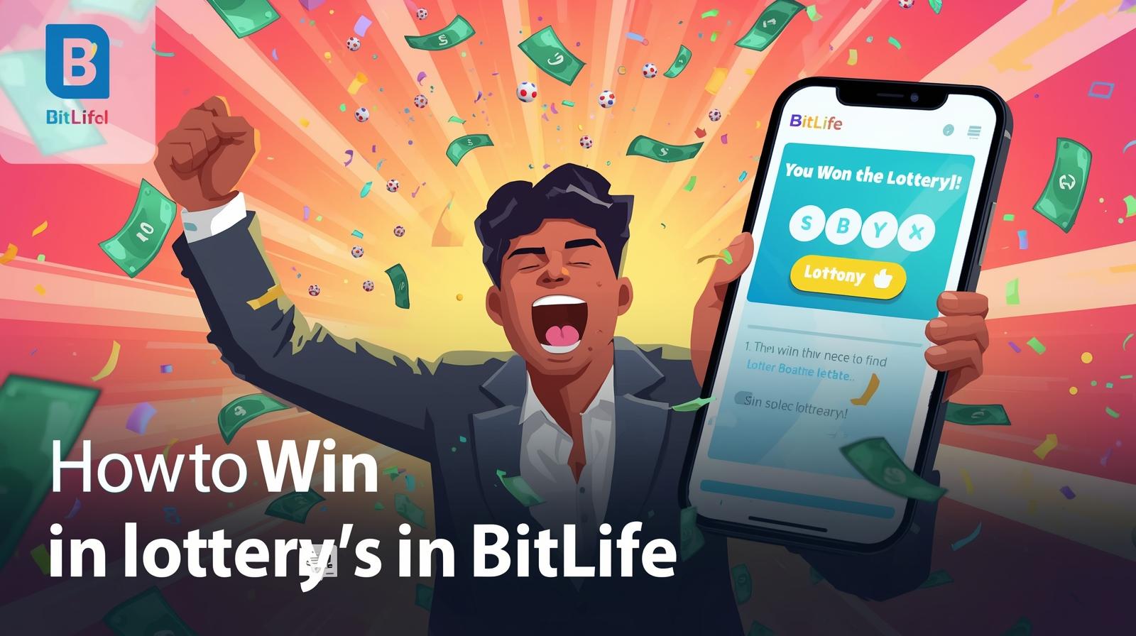 BitLife character celebrating lottery win with money and confetti – how to win the lottery in BitLife.